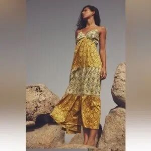 Zara Multicolored Printed Cotton Tiered Asymmetric Midi V Neck Dress Size XS